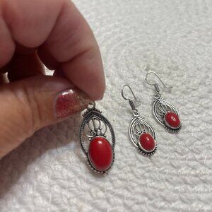 Beautiful RED CORAL Handmade Sterling 925 Pendant & Matching Earrings #498D